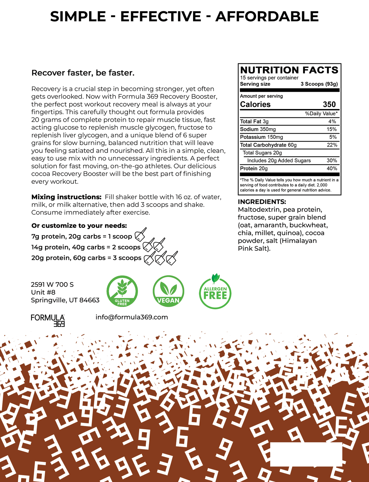 Formula 369 - Recovery Booster - Vegan 3:1 carb to protein drink mix