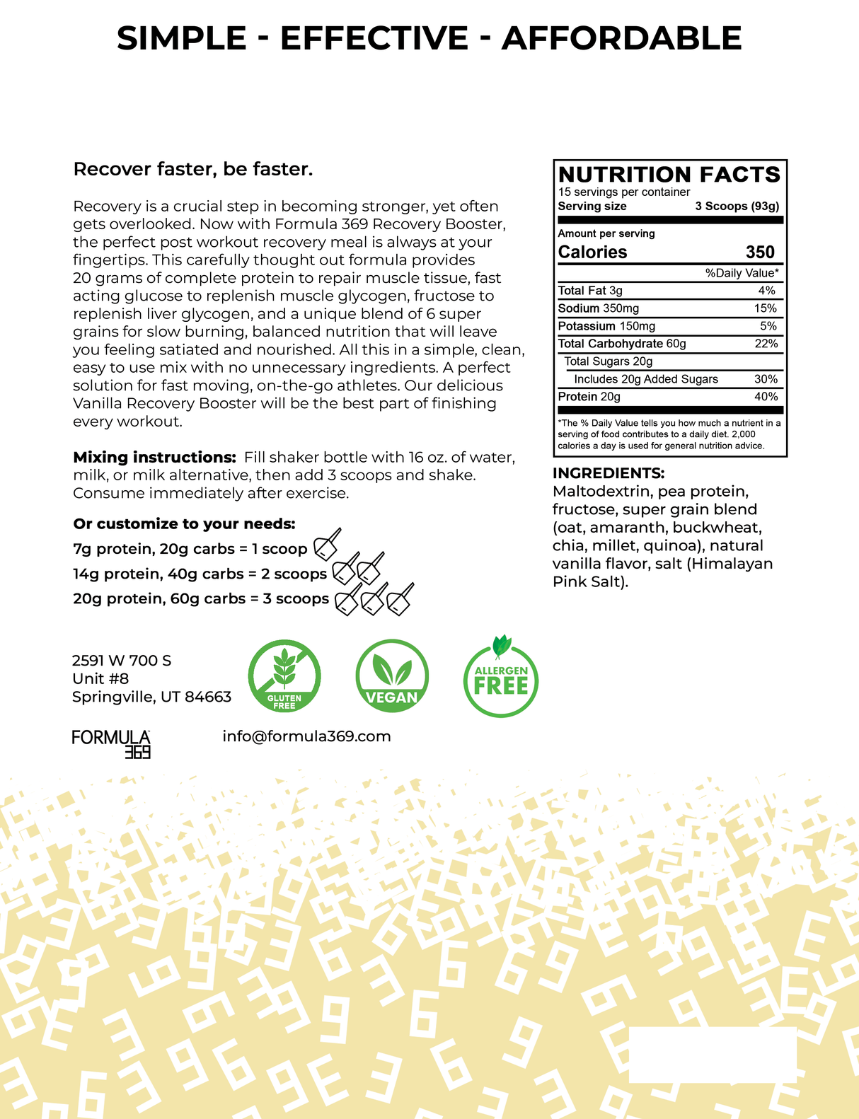 Formula 369 - Recovery Booster - Vegan 3:1 carb to protein drink mix