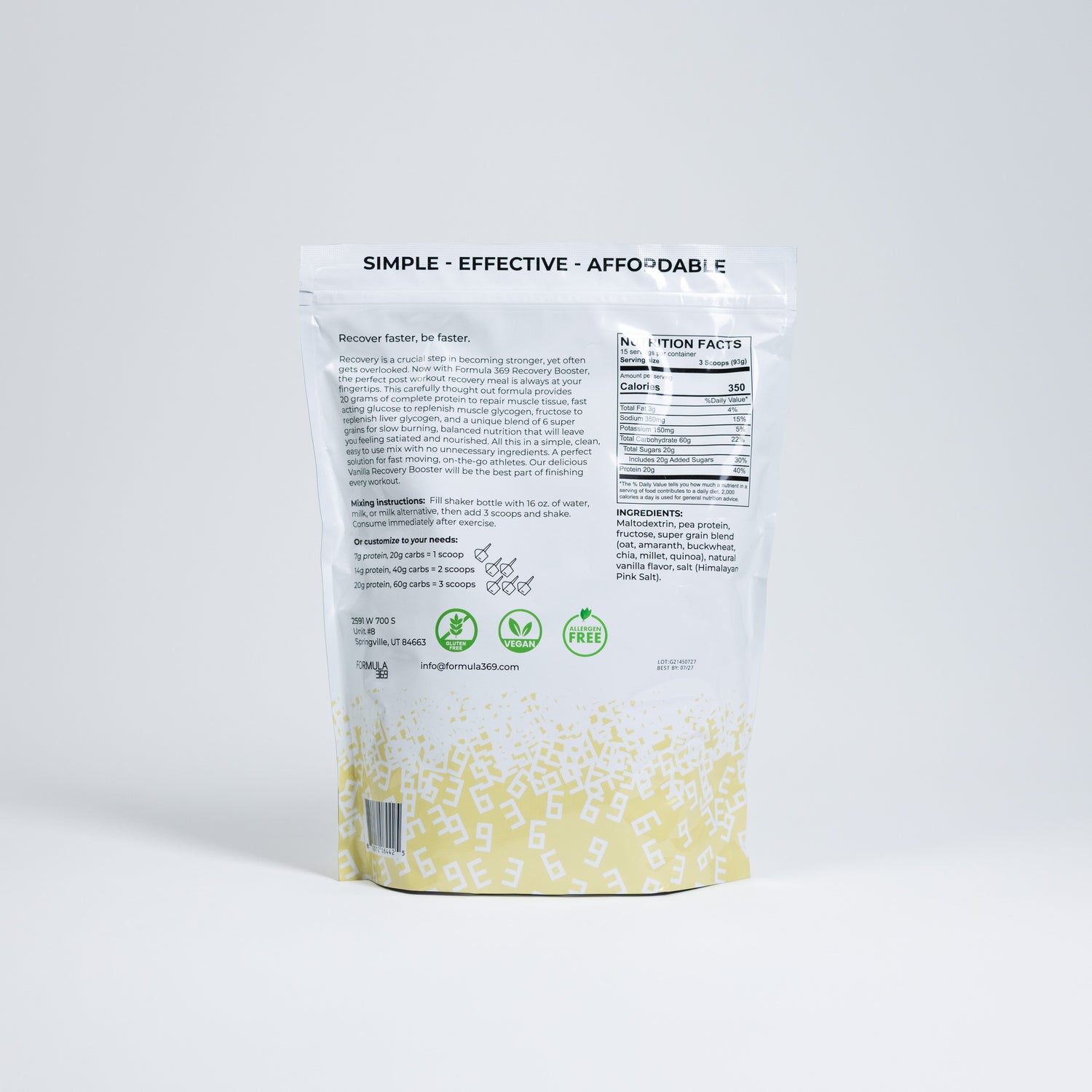 Formula 369 - Recovery Booster - Vegan 3:1 carb to protein drink mix